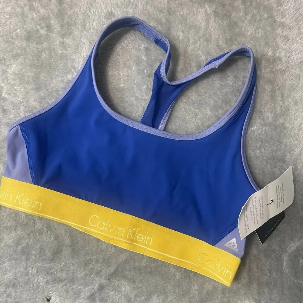 Calvin Klein Women's Performance Sports Bra Blue Yellow Lining Medium NEW W/ TAG
